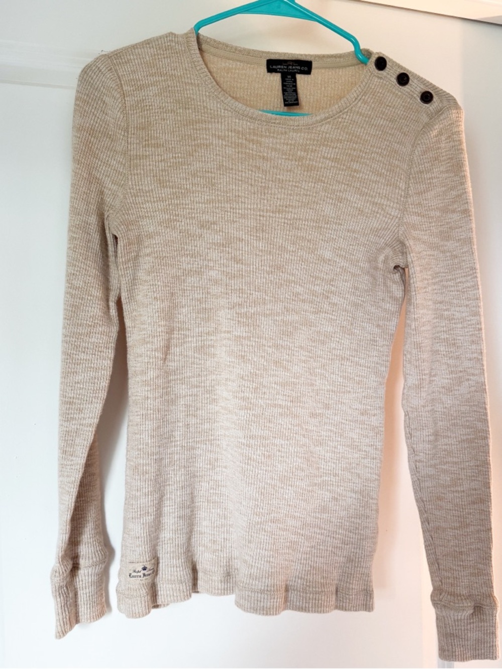 Lauren Jeans Co Ralph Lauren Ribbed Knit Top M Beige Button Shoulder Long Sleeve